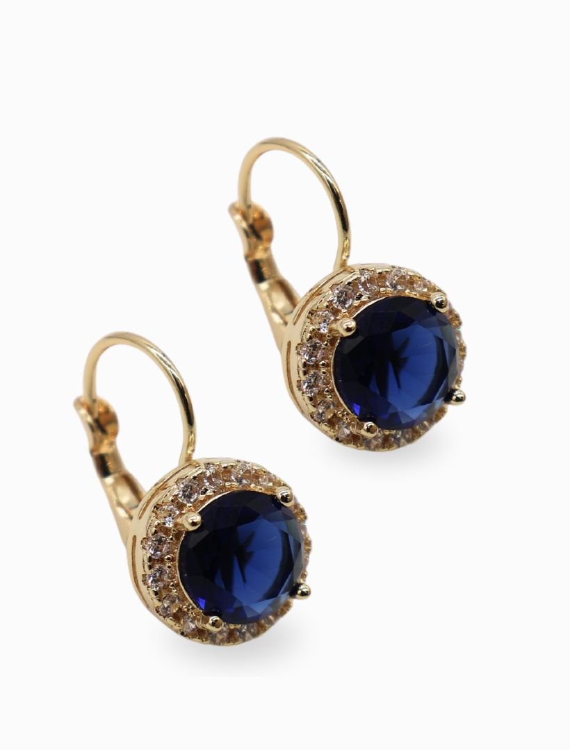 front view of gold french hook with round dark blue centre stone and surrounding white crystals - zjoosh