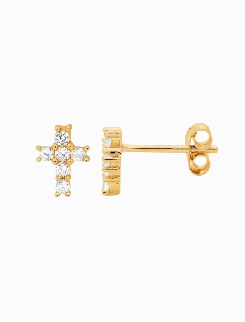 Cubic Zirconia Claw Set Cross Studs Gold - Zjoosh