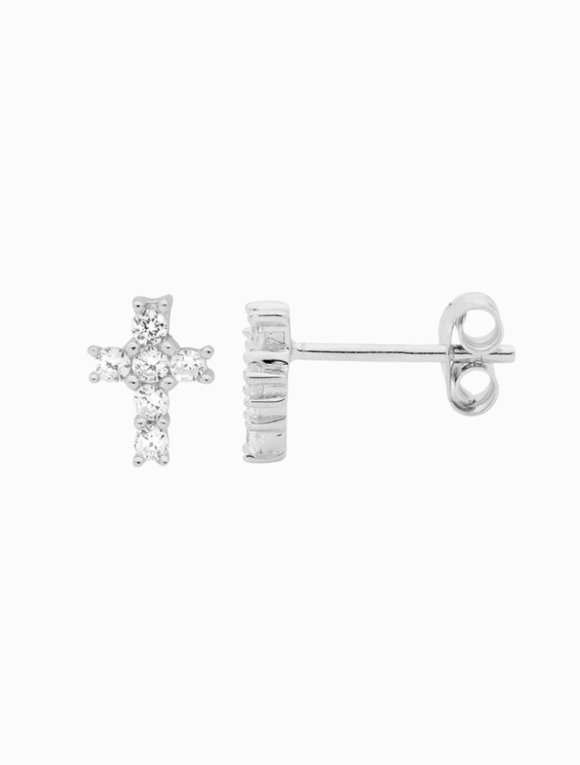 Cubic Zirconia Claw Set Cross Studs Rhodium - Zjoosh