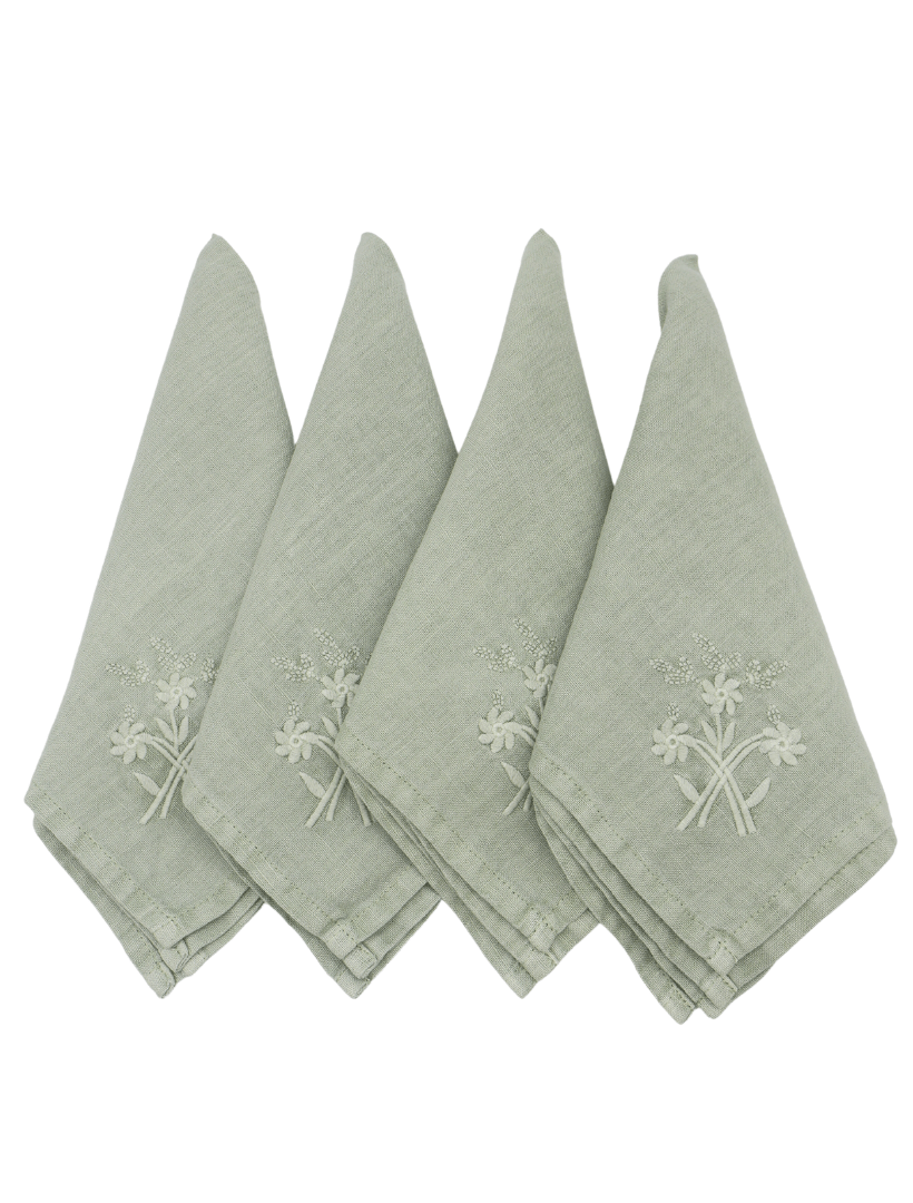 Embroidered French Linen Napkin Sage (Set of 4) - Zjoosh