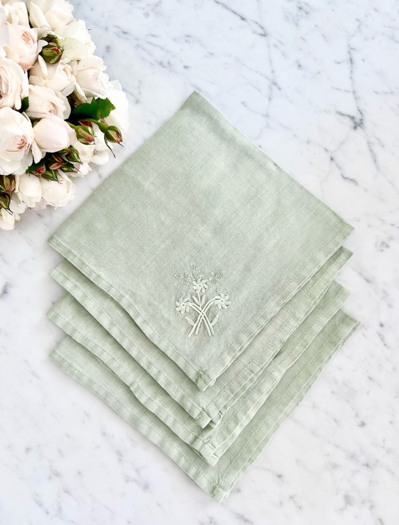 Embroidered French Linen Napkin Sage (Set of 4) - Zjoosh