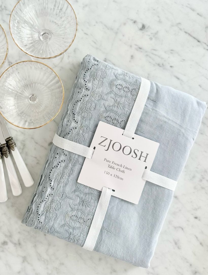 Embroidered French Linen Table Cloth Pale Blue (150cm x 320cm) - Zjoosh