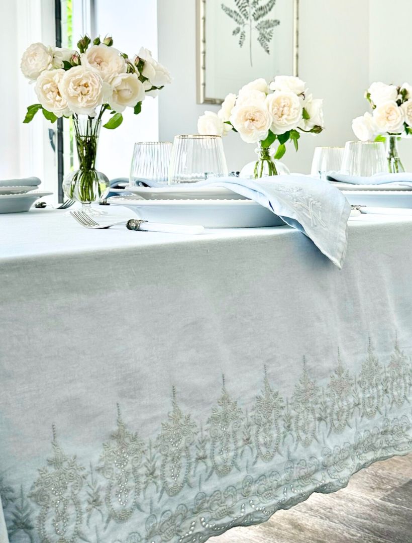 Embroidered French Linen Table Cloth Pale Blue (150cm x 320cm)