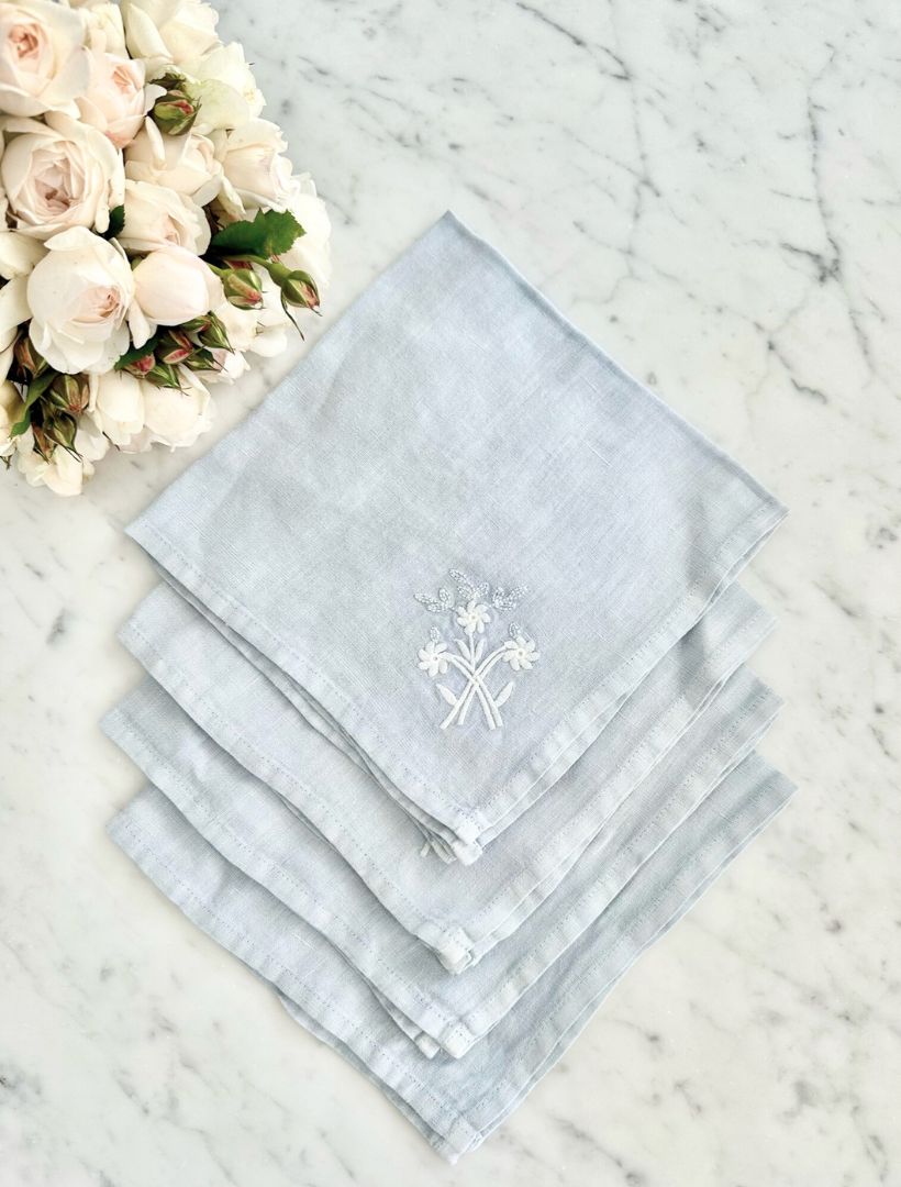 Embroidered French Linen Napkin Pale Blue (Set of 4)
