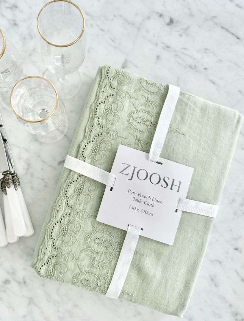 Embroidered French Linen Table Cloth Sage (150cm x 320cm)