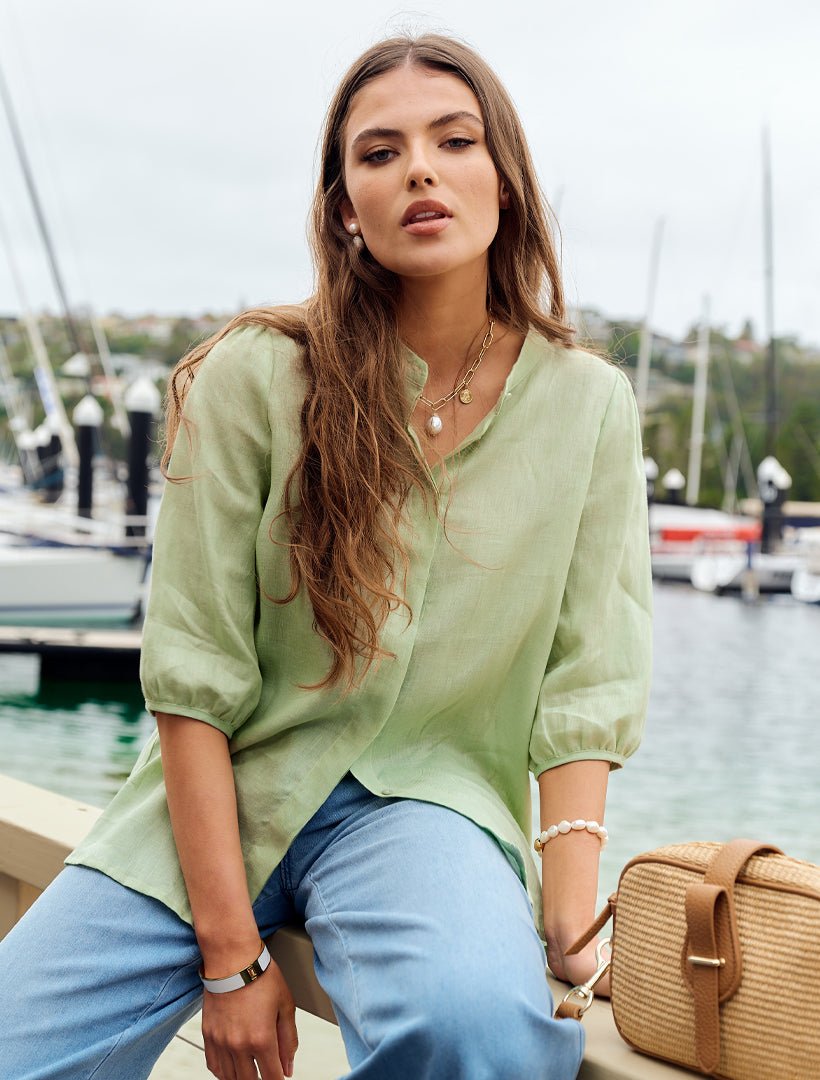 Evie Linen Shirt Light Green - Zjoosh