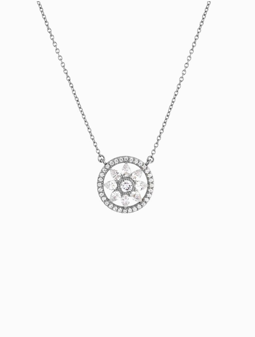 Flower Cubic Zirconia Pendant on Fine Chain Rhodium - Zjoosh