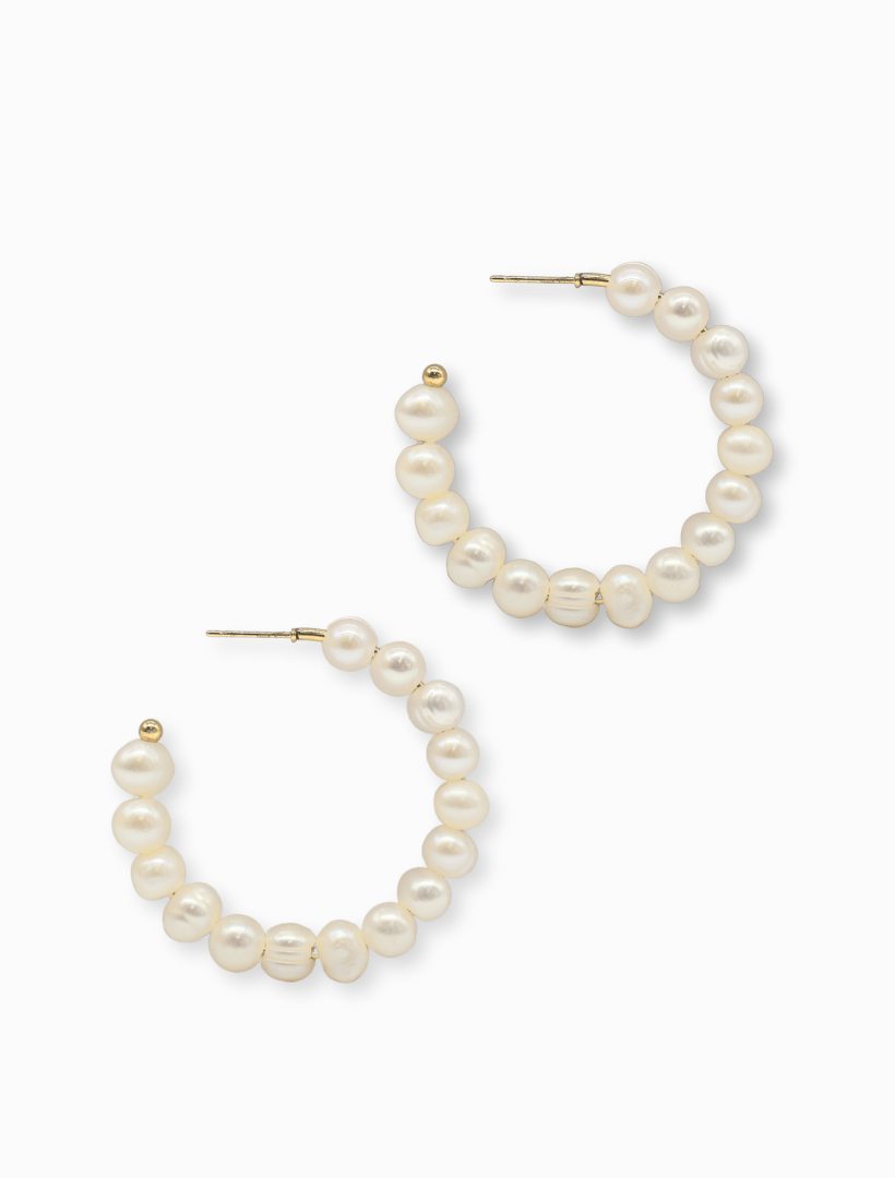 flat lay side view of Fresh Water Pearl Hoops White - Zjoosh