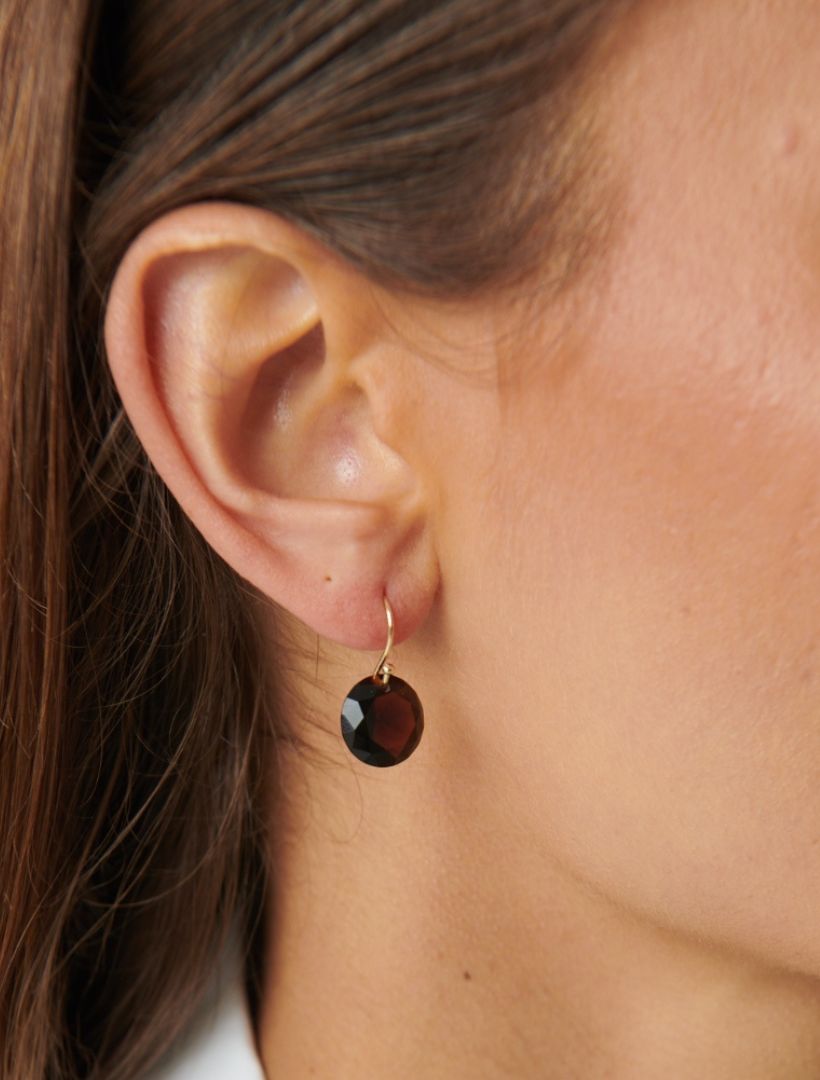 Side view of gold hook earring, with chocolate glass bead - zjoosh