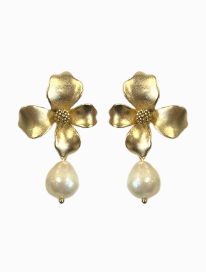 front view gold clip on earring, large flower with white pearl drop - zjoosh