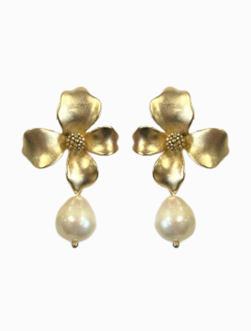 Gold Flower Pearl Drop Clip Ons