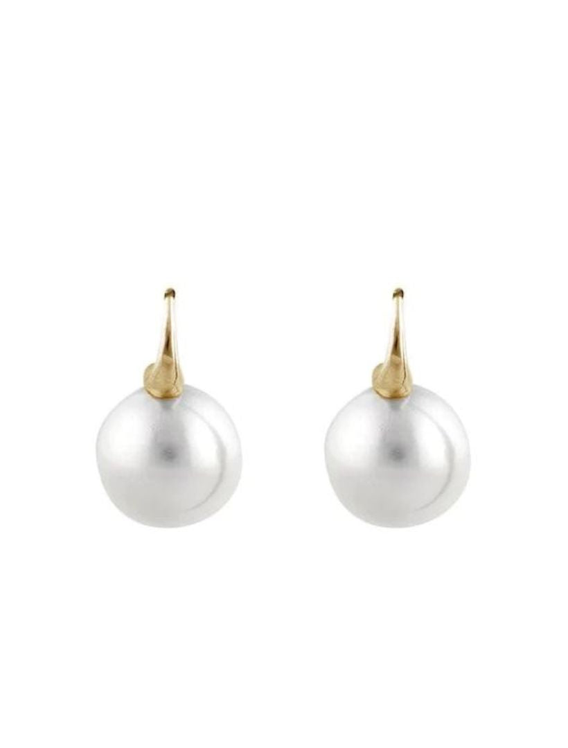 14mm Round White Pearl Gold Hook Earrings