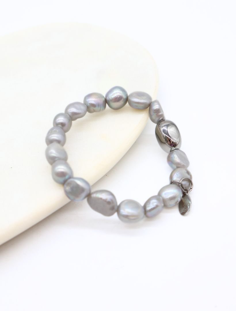 Grey Pearl Bracelet Silver Bean - Zjoosh