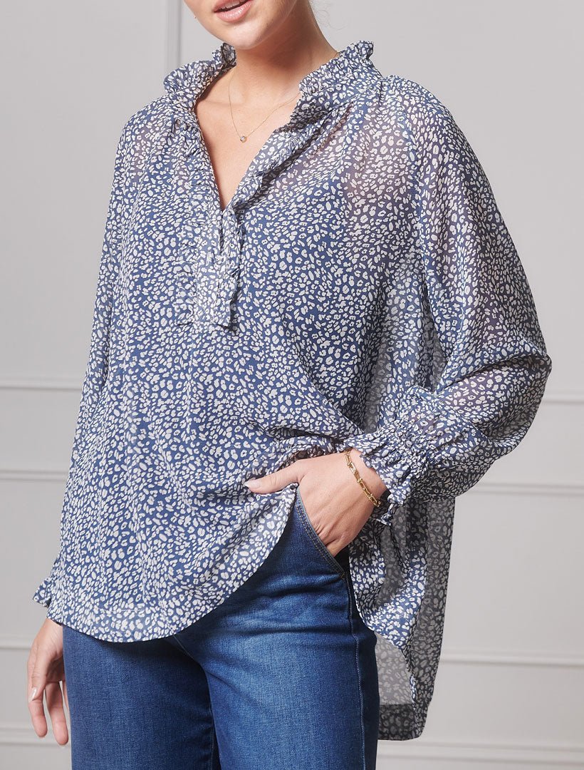 Hartford Pop Over Shirt Animal Chiffon Navy - Zjoosh