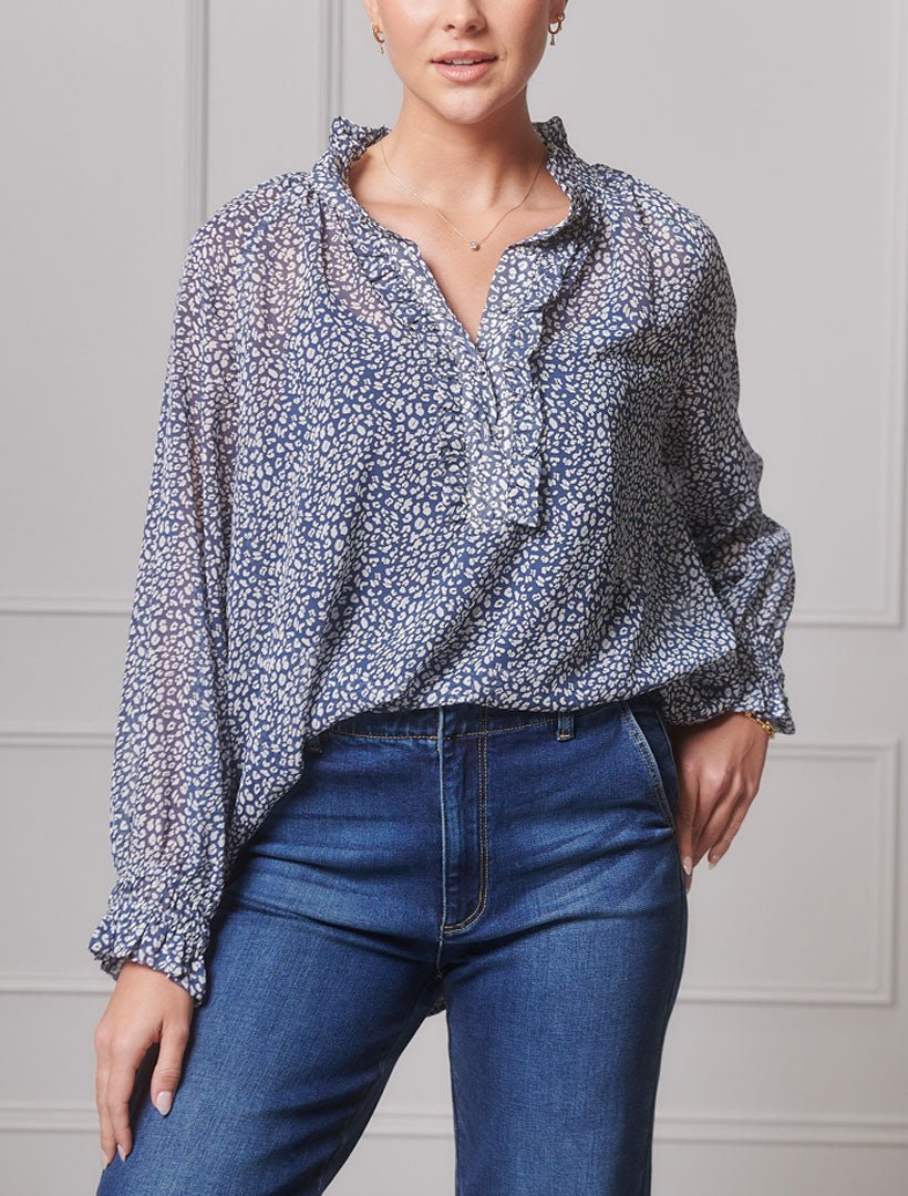 Hartford Pop Over Shirt Animal Chiffon Navy - Zjoosh