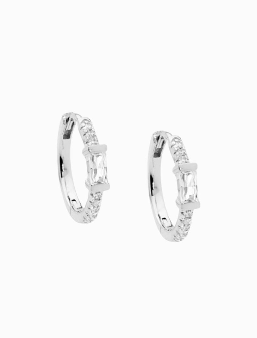 Hoop Earrings w/ Baguette Cubic Zirconias Rhodium - Zjoosh