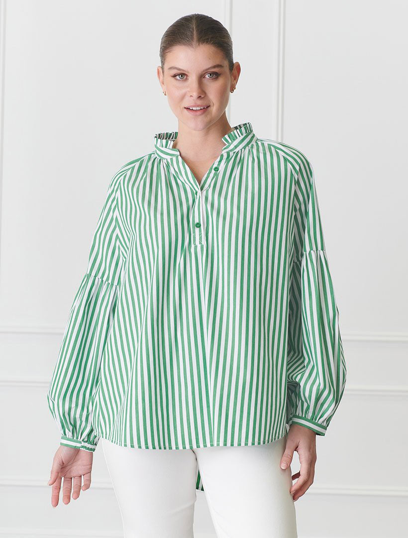 Front view - green striped loose fit shirt