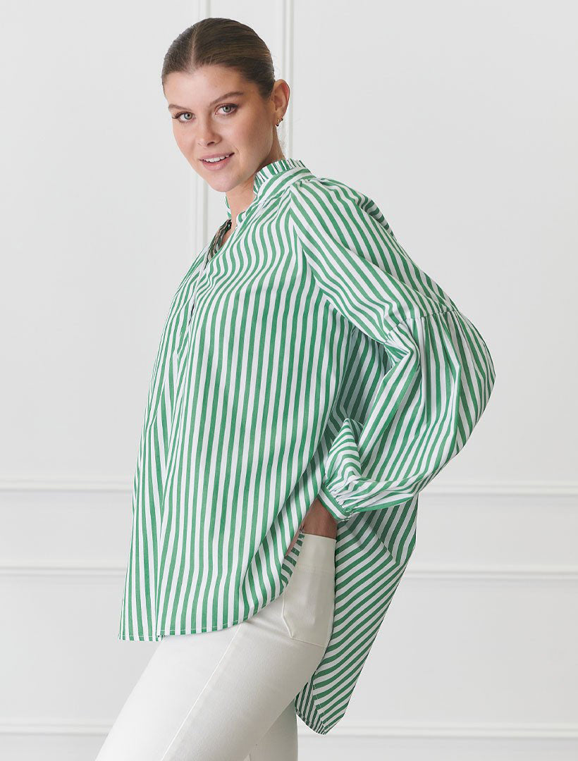 Front view - green striped loose fit shirt