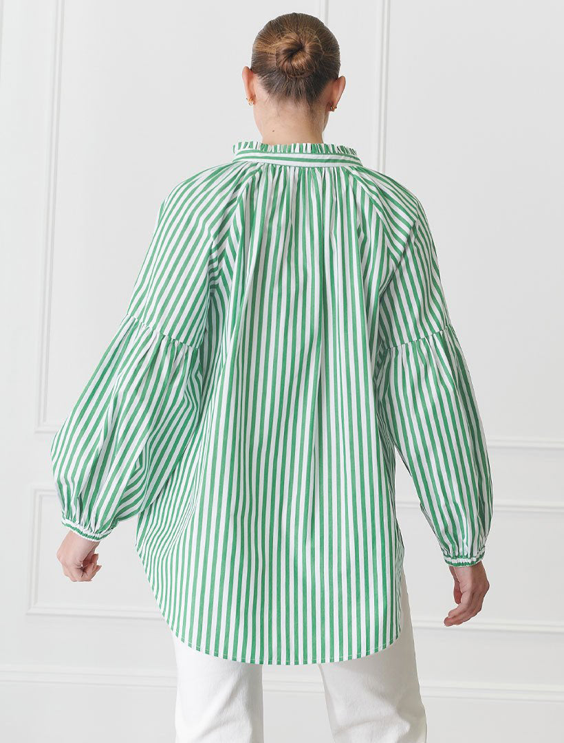 Back view - green striped loose fit shirt