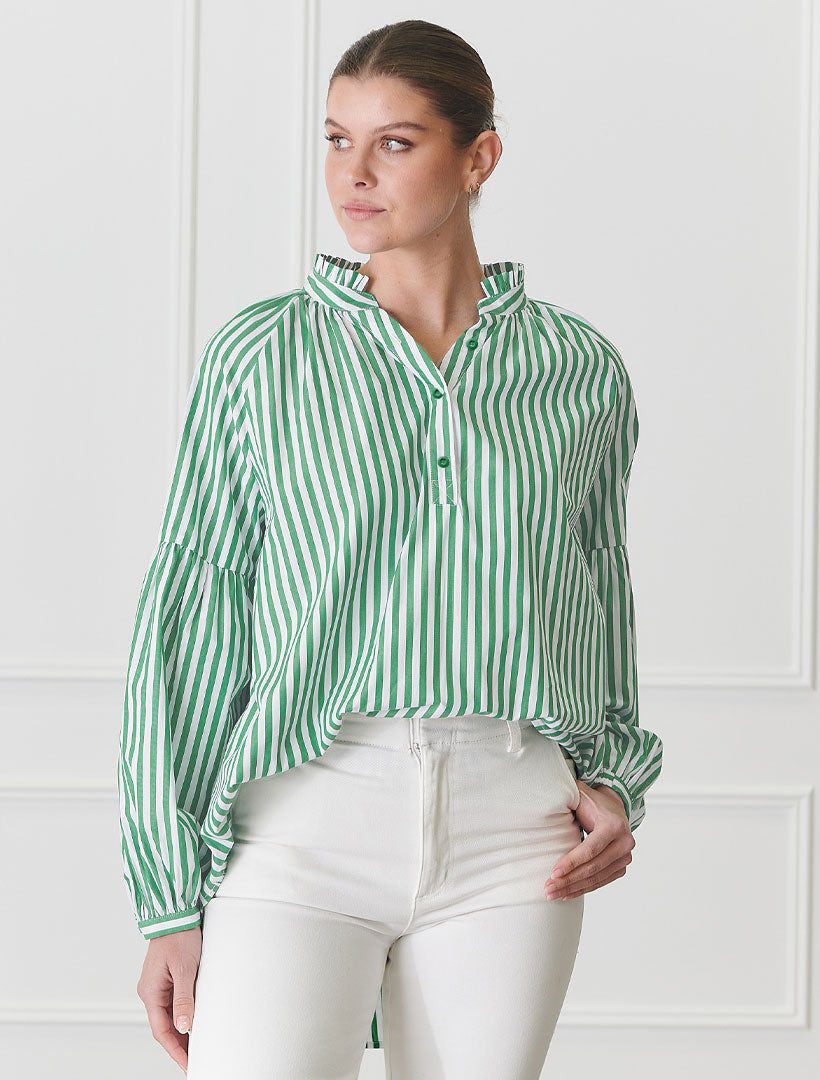 Front view - green striped loose fit shirt