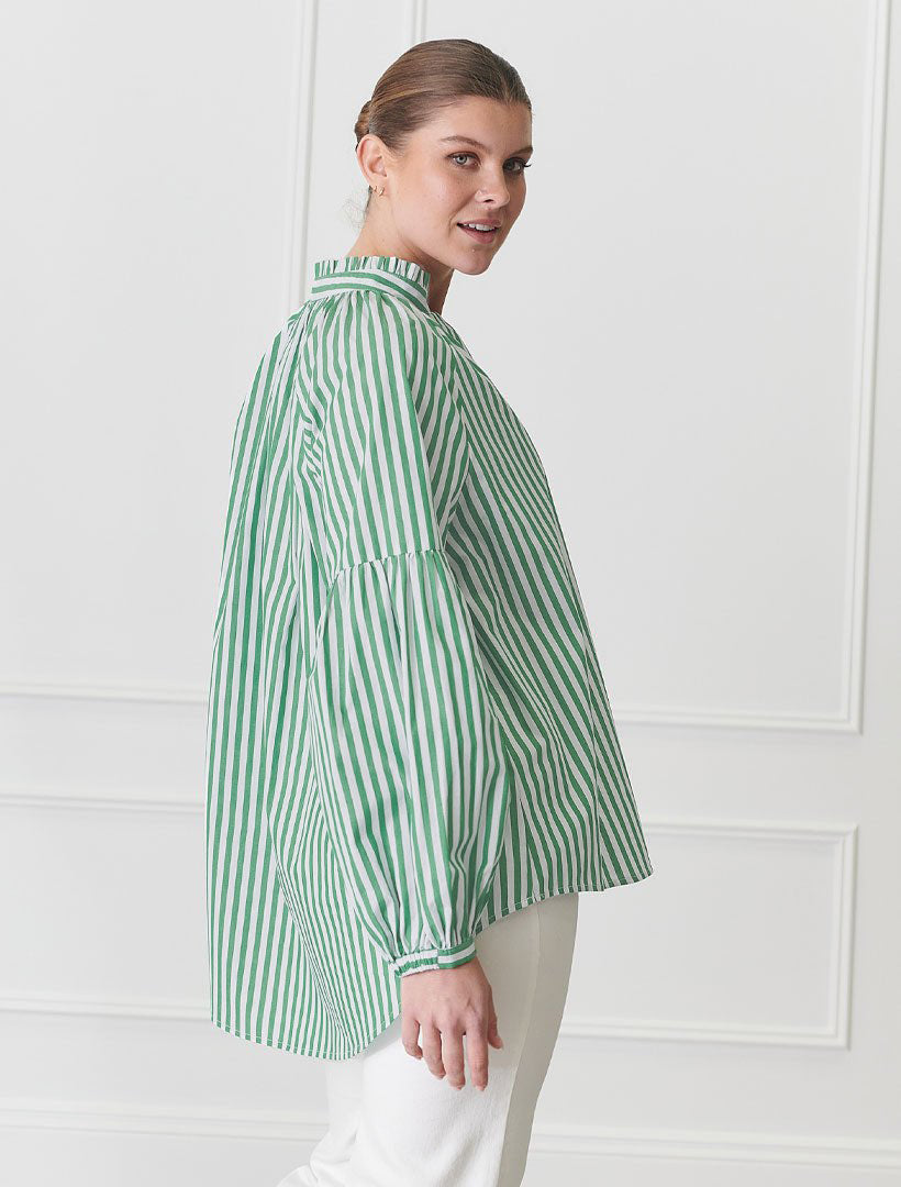 Side view - green striped loose fit shirt