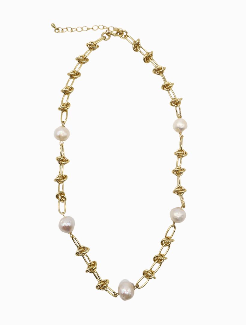 Gold Knot and Pearl Necklace