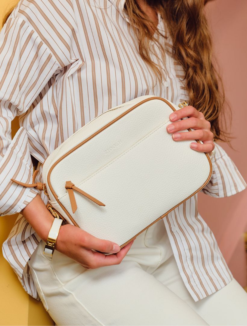 Leah Cross Body Bag Dual Tone White Tan - Zjoosh