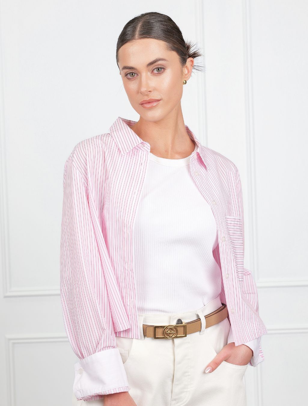 Leigh Cropped Stripe Shirt Pink - FINAL SALE - Zjoosh