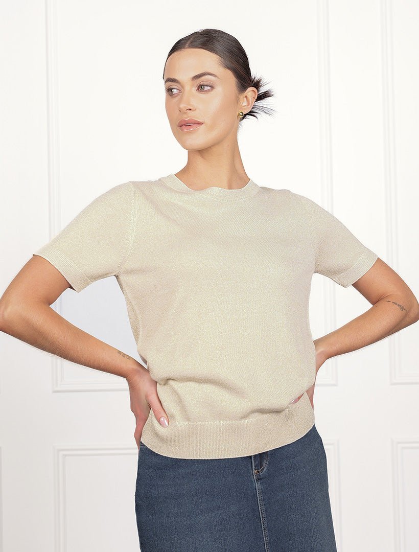 Melanie Short Sleeve Sparkle Knit Gold - Zjoosh