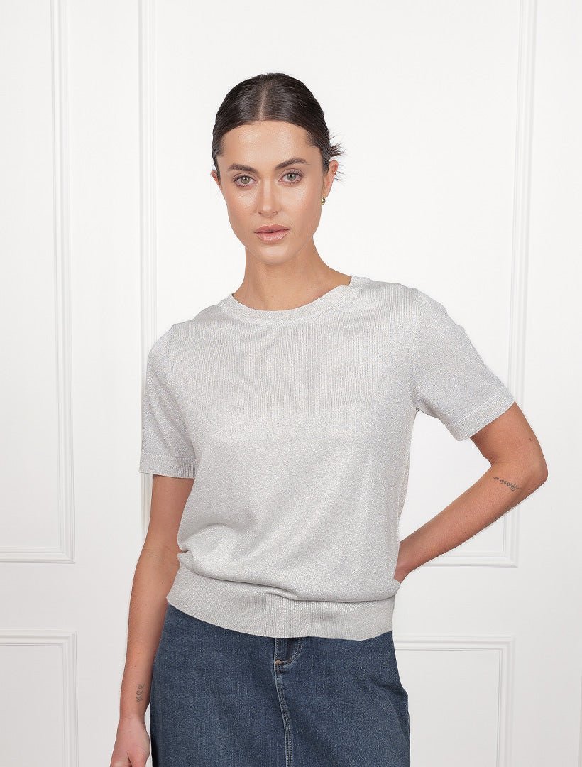 Melanie Short Sleeve Sparkle Knit Silver - Zjoosh