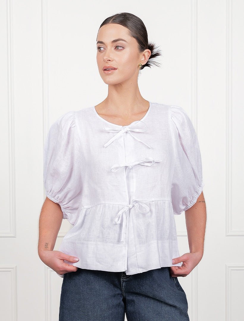 Nadia Tie Front Linen Top White - FINAL SALE - Zjoosh