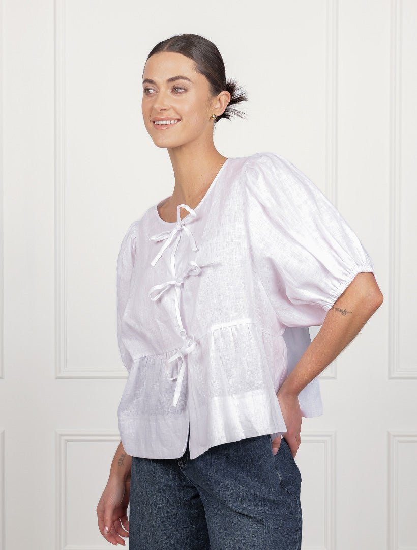 Nadia Tie Front Linen Top White - FINAL SALE - Zjoosh
