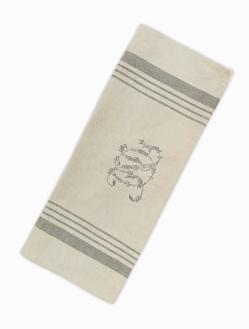 Natural Stripe Monogram Tea Towel Grey