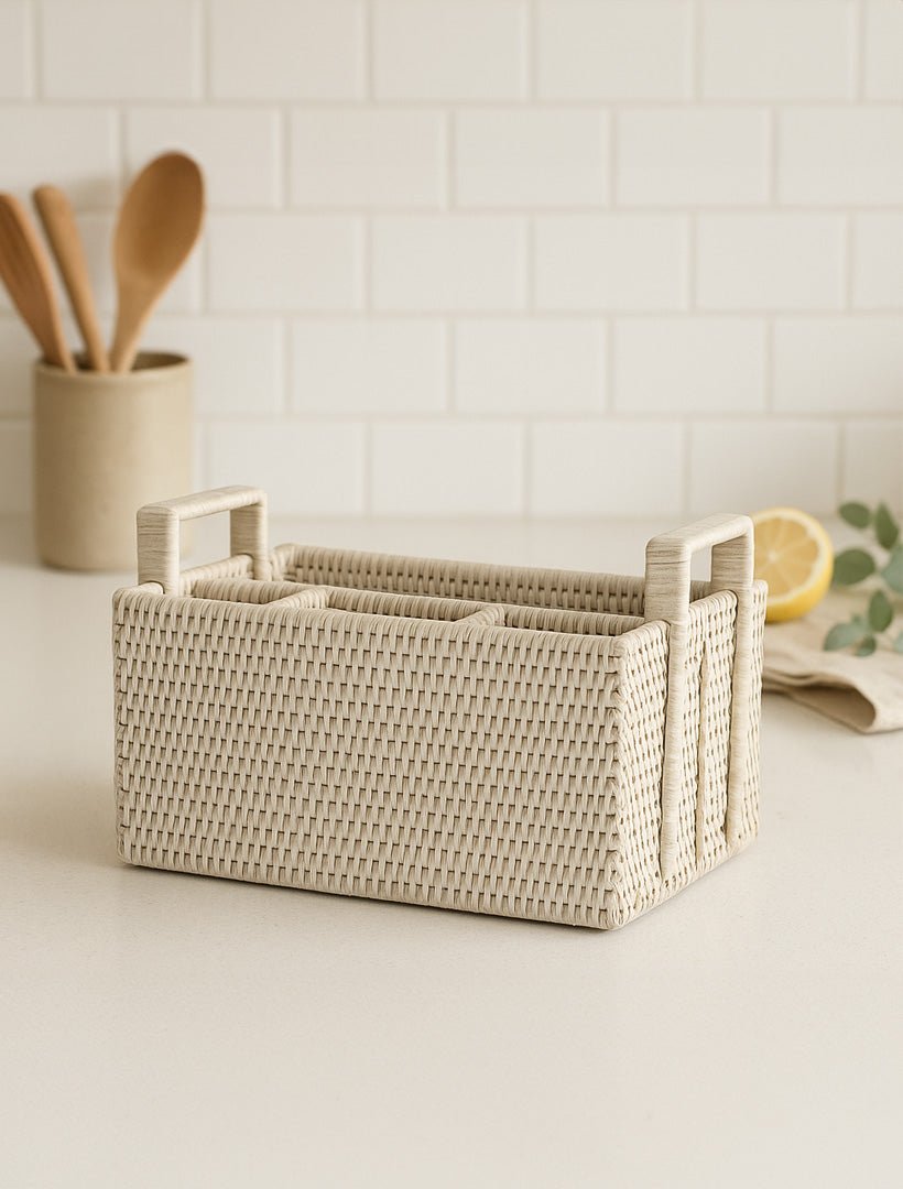 Paume Rattan Cutlery Caddy White Wash White - FINAL SALE - Zjoosh