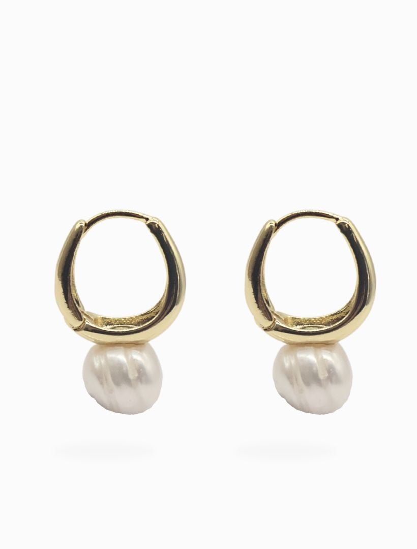 side view of white pearl gold latch hoop earrings - zjoosh