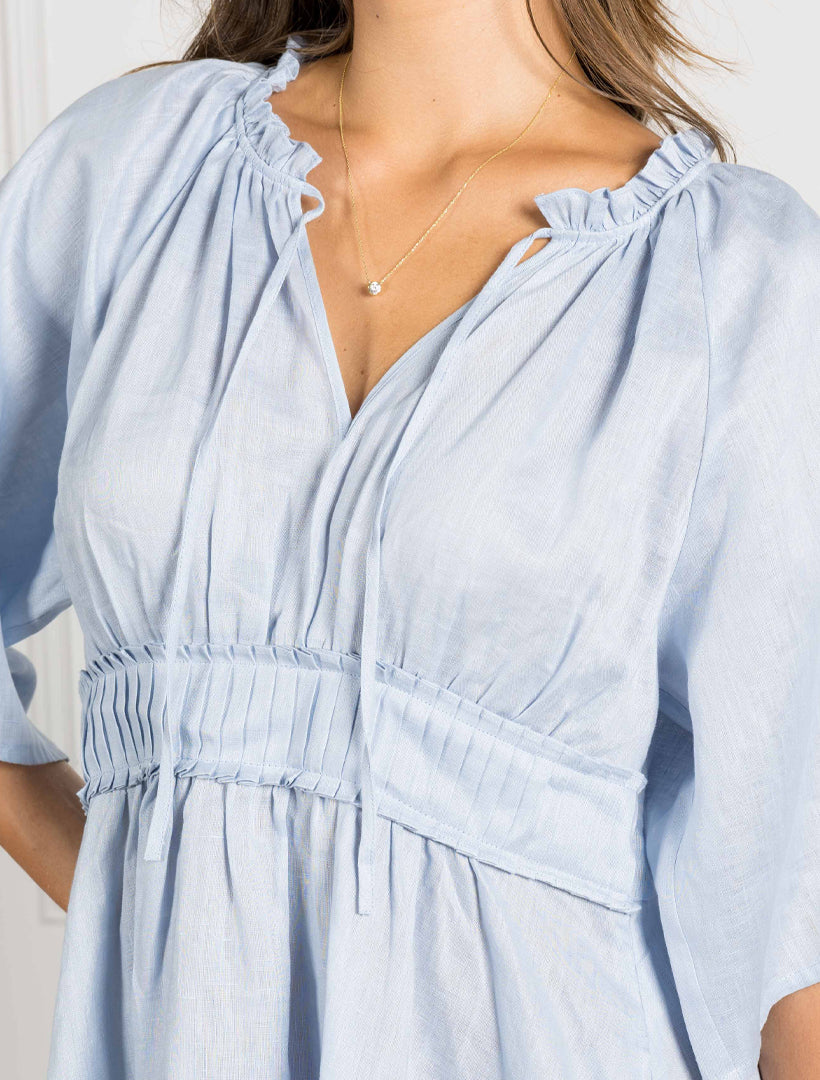 Neck detail - Blue linen dress