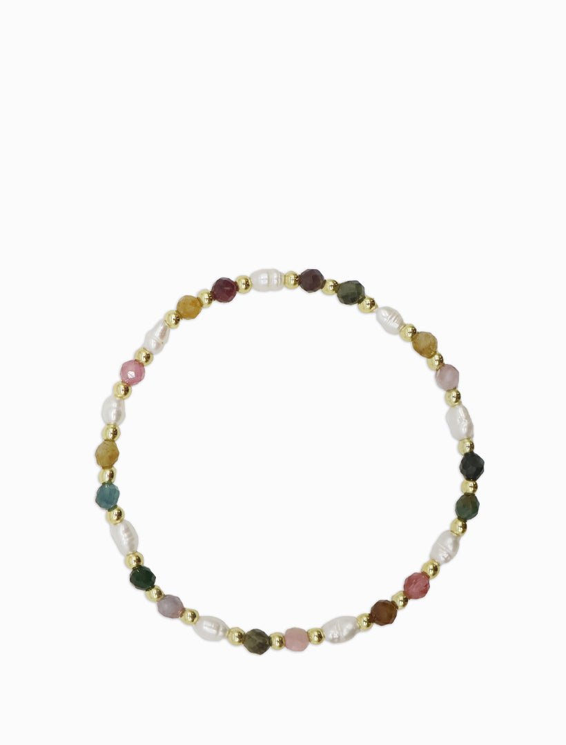 Pink and Green Stone and Pearl Stretch Bracelet - Zjoosh