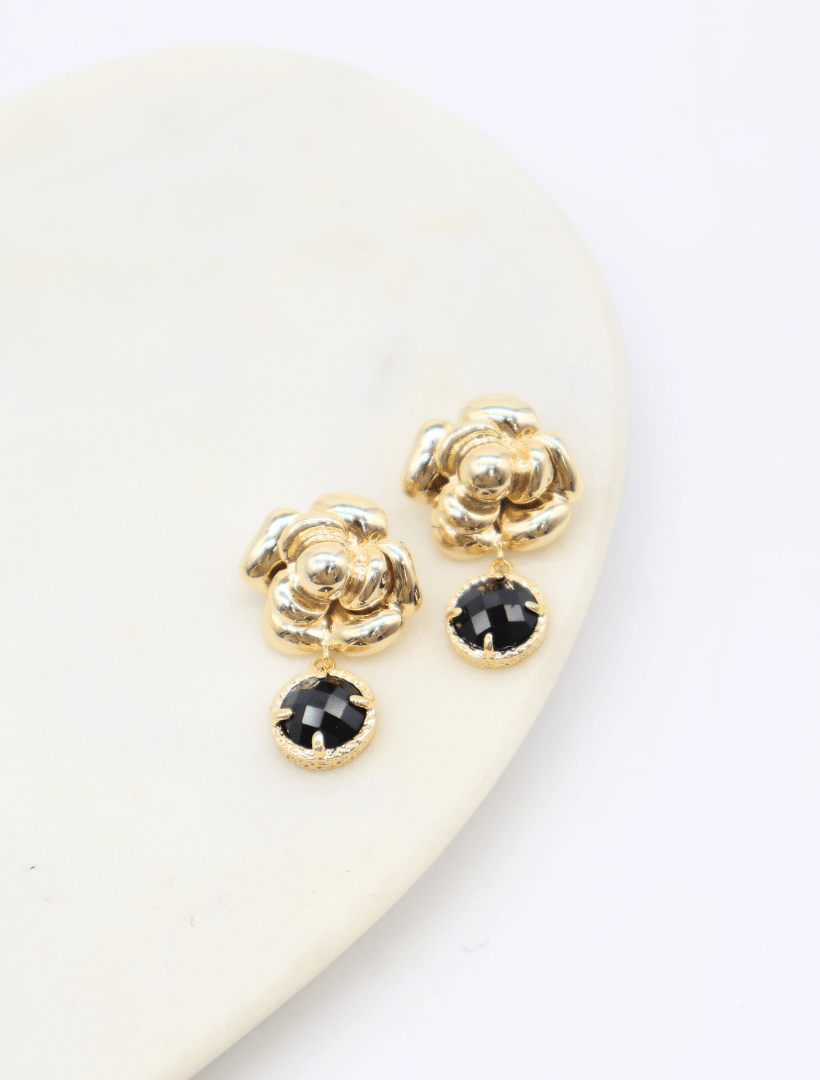 front view of gold drop earrings, with rose detailing and black crystal drop feature - zjoosh