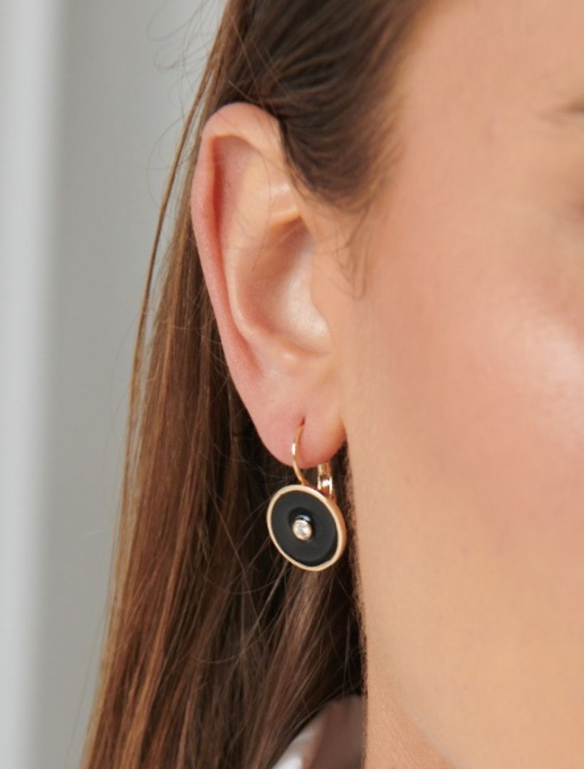 Side view - round black enamel earrings