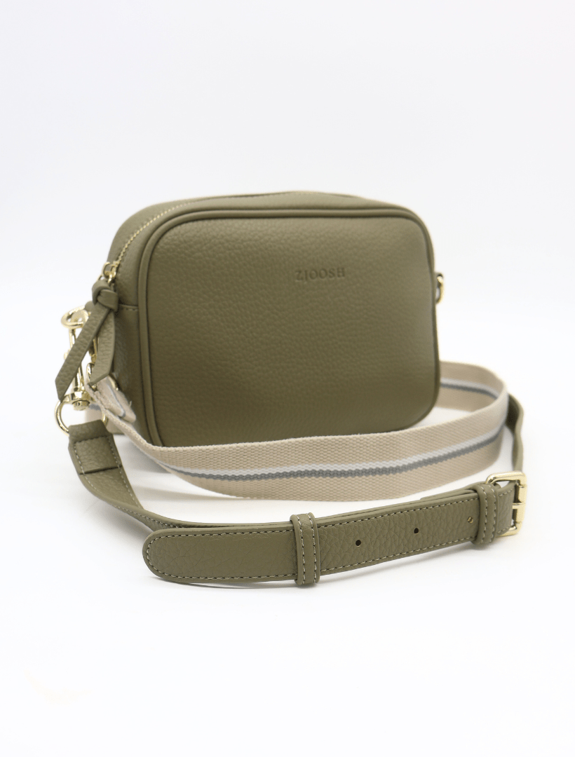 front view two straps khaki cross body bag from zjoosh