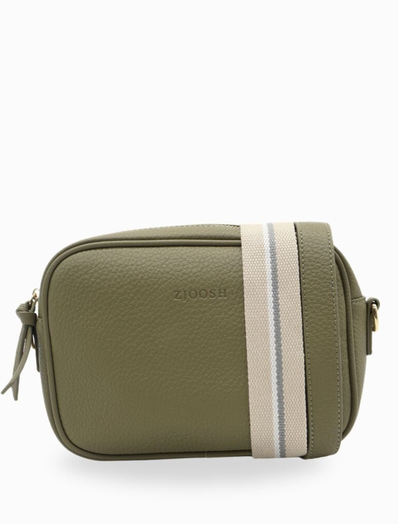 front view of khaki cross body bag from zjoosh