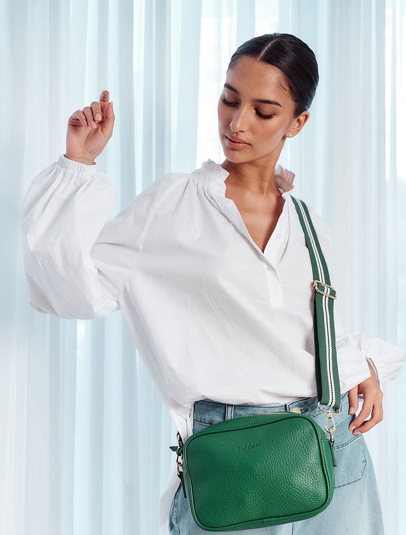 model wearing meadow green cross body bag from zjoosh