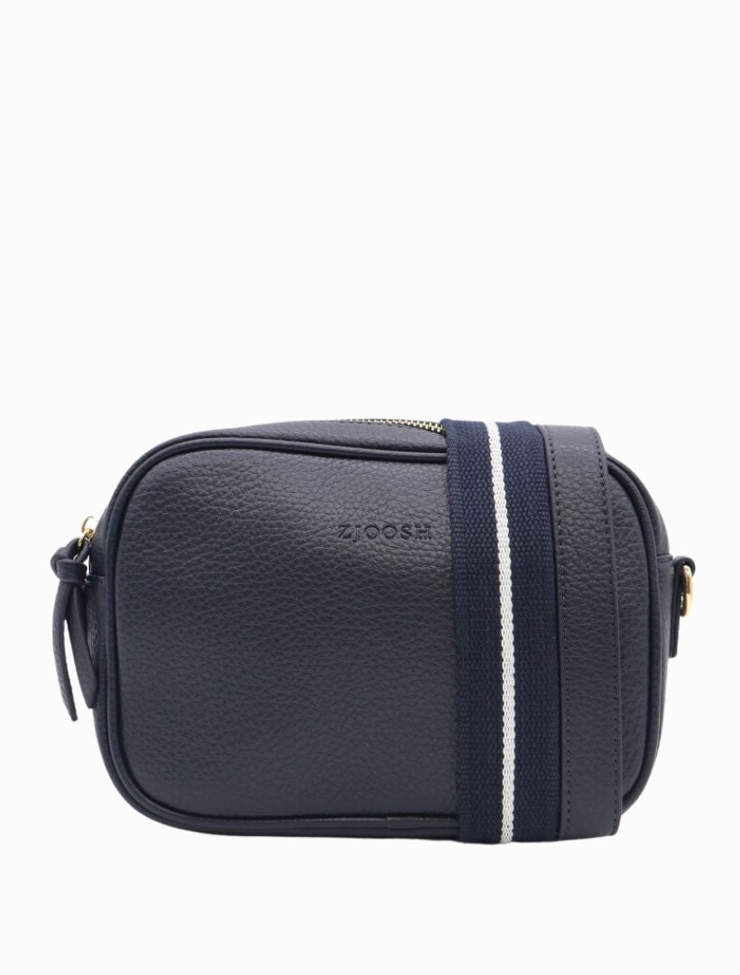 front view of navy cross body bag from zjoosh