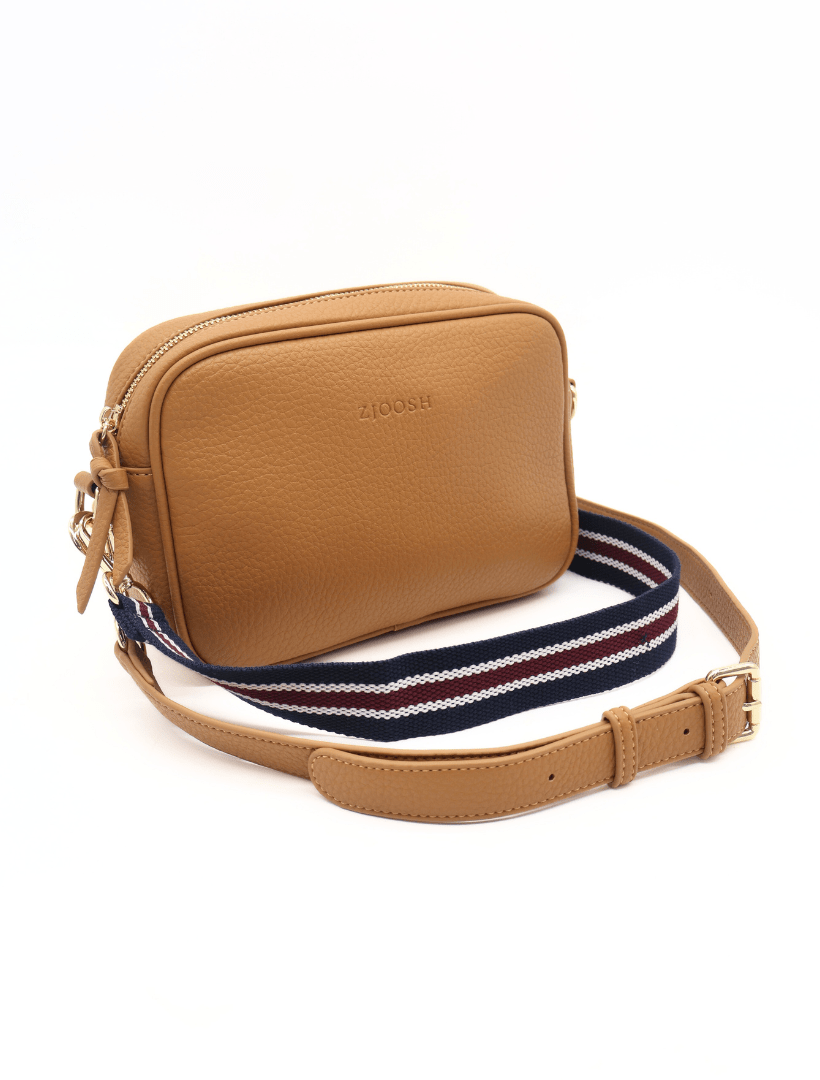 front view two straps tan cross body bag from zjoosh