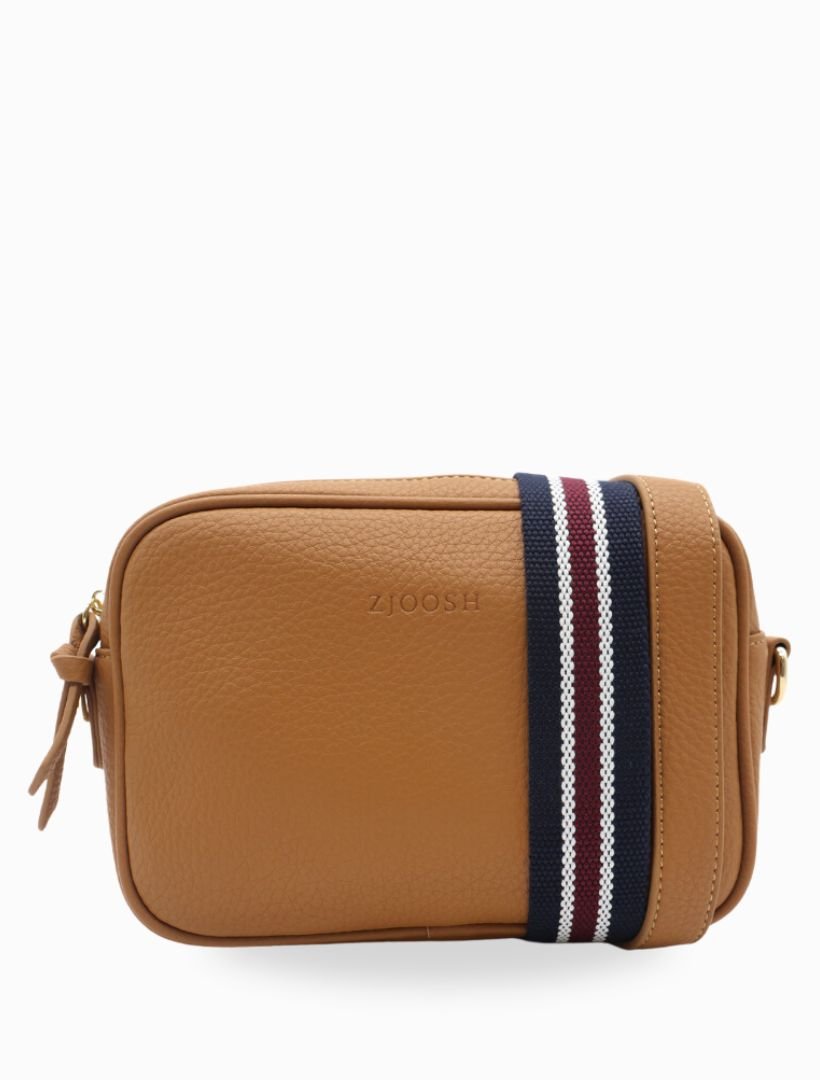 front view of tan cross body bag from zjoosh