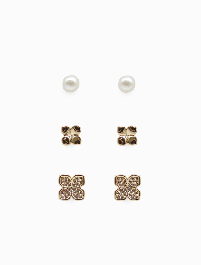 Set of 3 Pearl Flower Studs Gold - Zjoosh