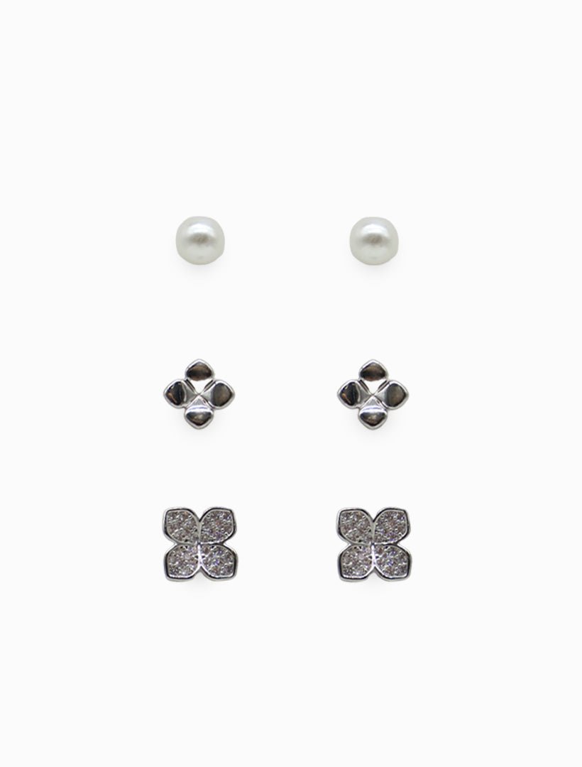 Set of 3 Pearl Flower Studs Silver - Zjoosh