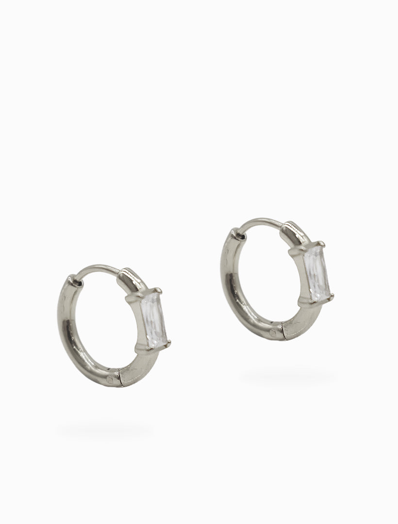 Side view - silver baguette hoops