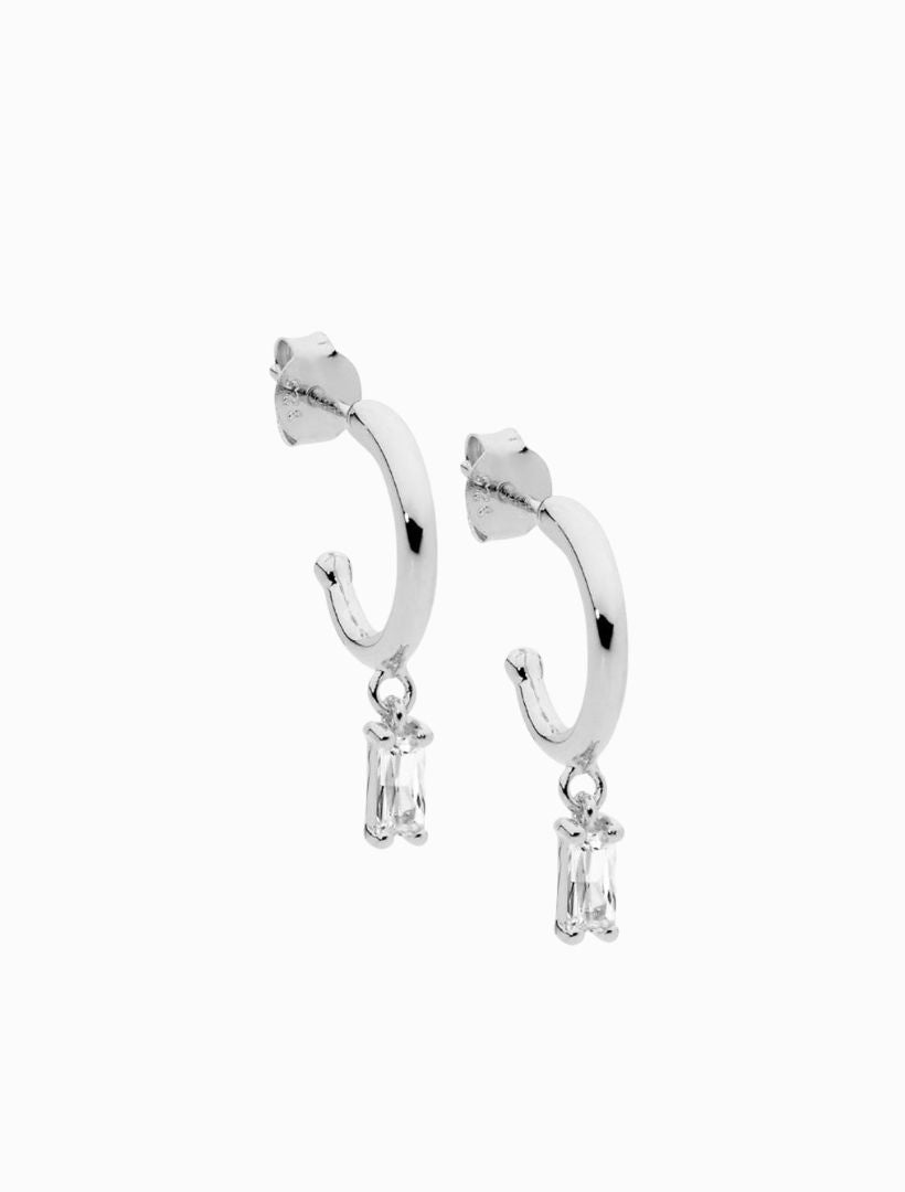 SS 13mm Hoop Earrings WH CZ Baguette Drop Rhodium - Zjoosh