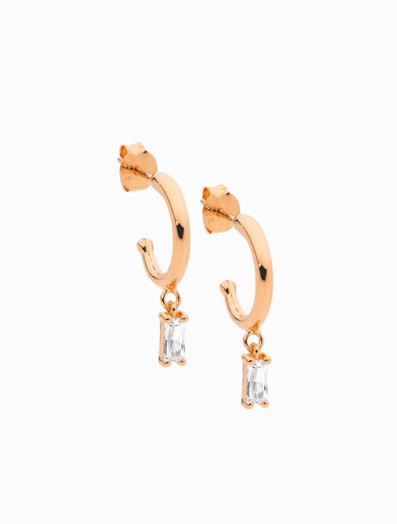 SS 13mm Hoop Earrings WH CZ Baguette Drop Rose Gold - Zjoosh